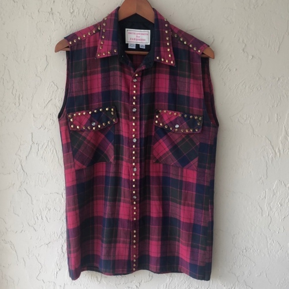 Smith and Smith plaid vest shirt studs pink navy blue cowgirl
